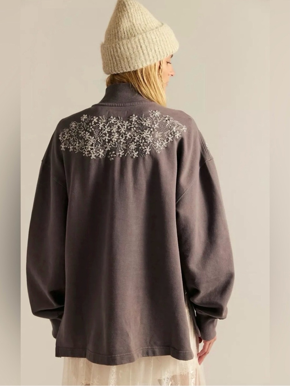 Free People Charcoal Embellishment Half‑Zip Pullover - Picture 3 of 4